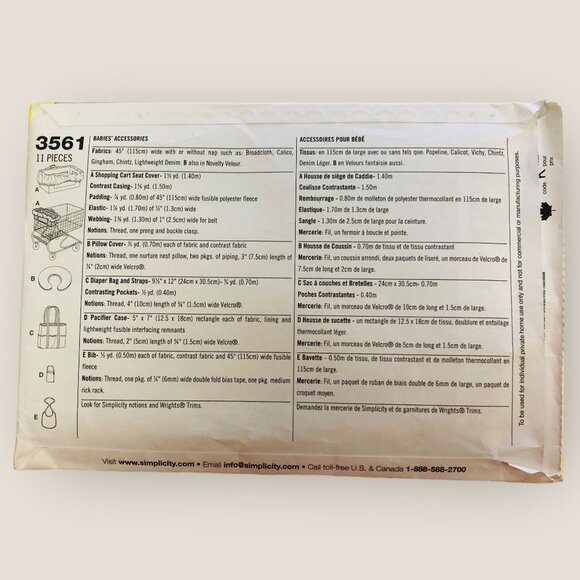Simplicity Sewing Pattern 3561 Baby Access Cart Cover Pillow Cover Diaper Bag - Picture 2 of 2